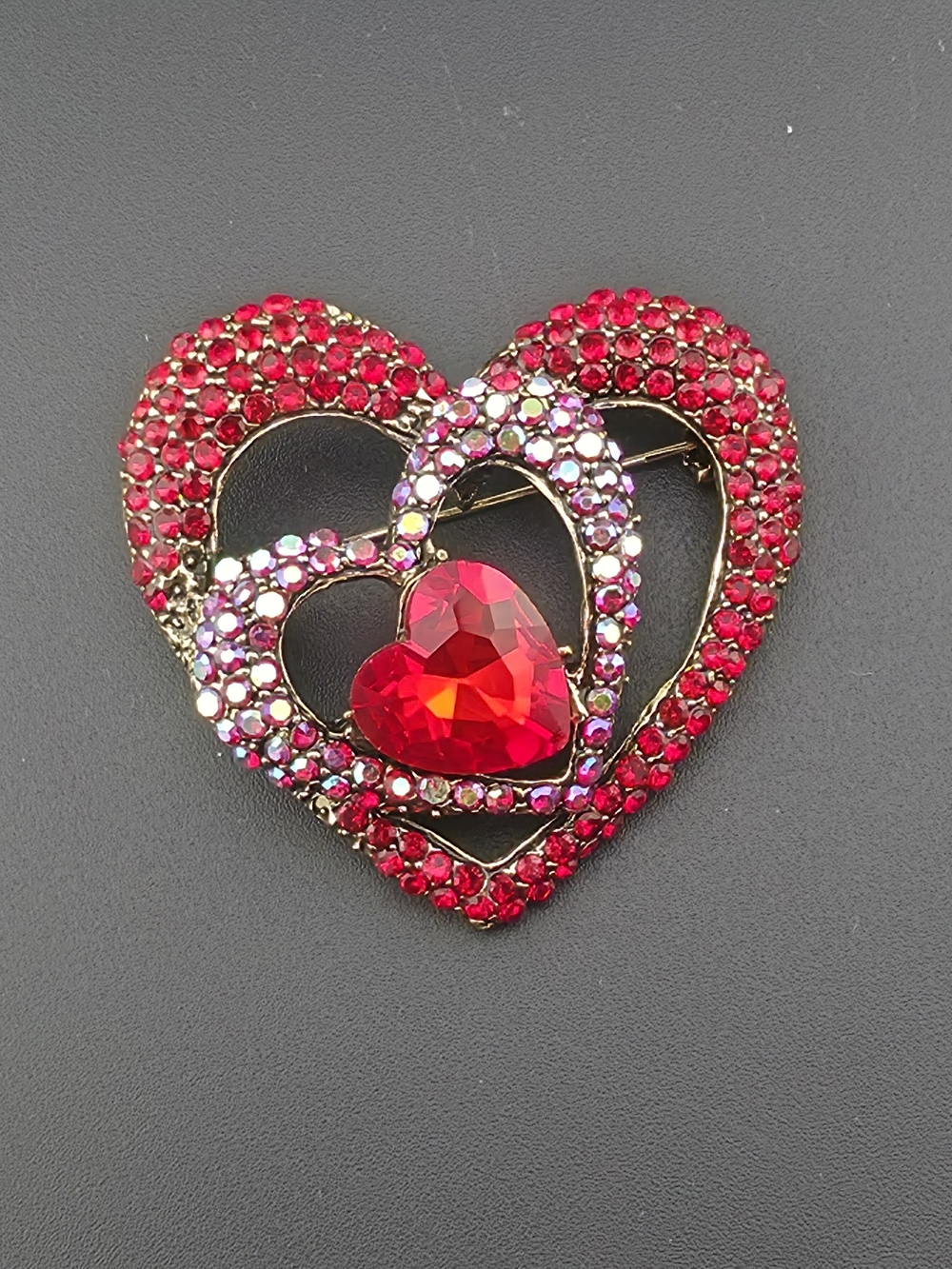 Triple Entangled Red Heart Crystal Rhinestone Brooch Pin2"